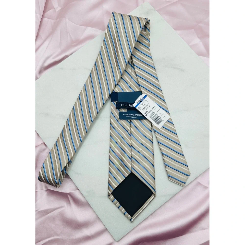 NWT Croft & Barrow Mens Silk Tie Taupe Blue White Striped Nathaniel Core